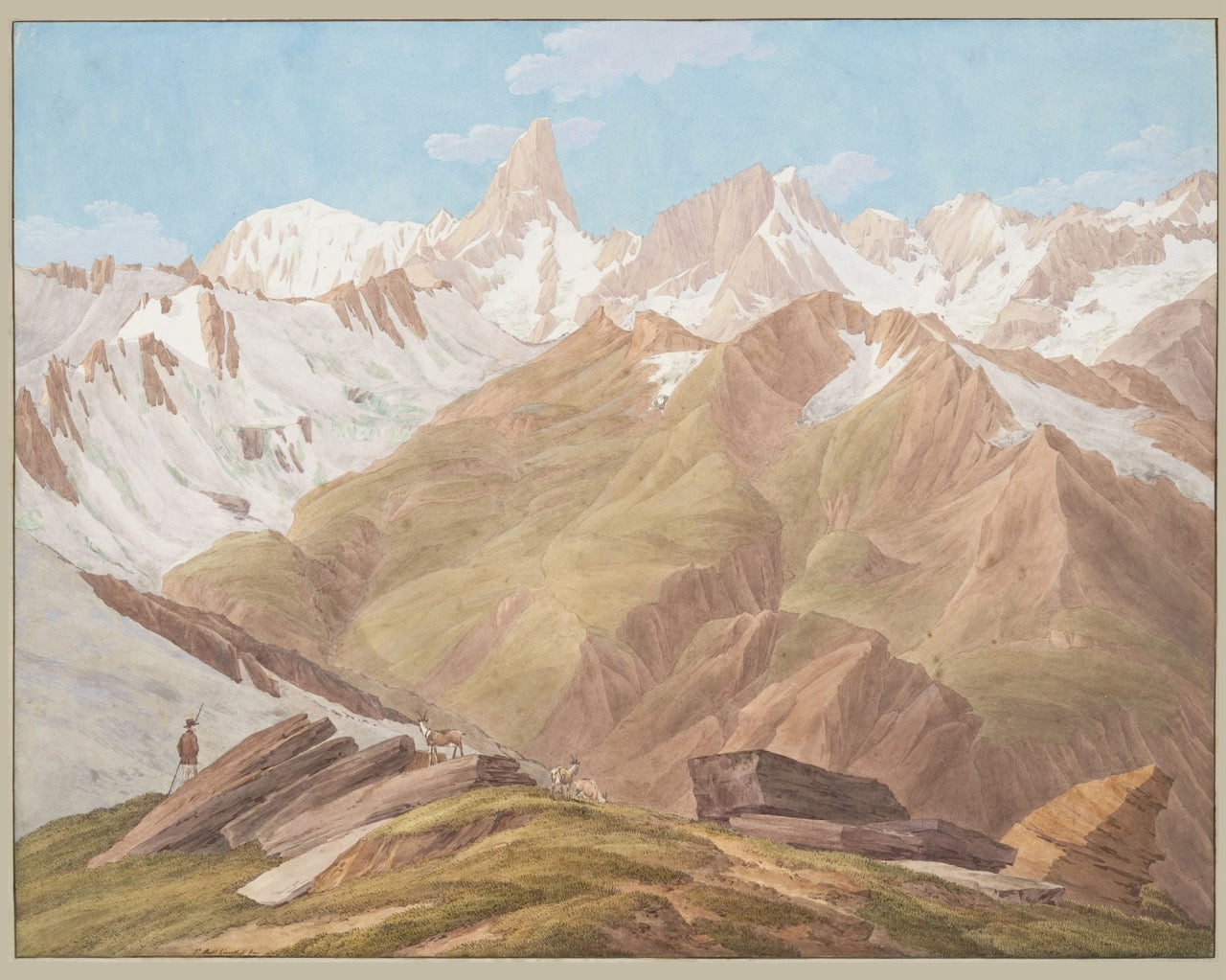 View of the Massif of Mont Blanc near the "Petit Jorasse, Grand Jorasse, le Géant" with the "Glaciers des Périades et Jorasse" and the "Glacier de la Venval" as seen from the "Col de Fenêtre près du Gd. St. Bernard"